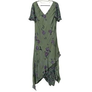 Eva Blue Vintage 90s Floral Dress 14 Green Purple Beaded Fairycore Whimsigoth‎